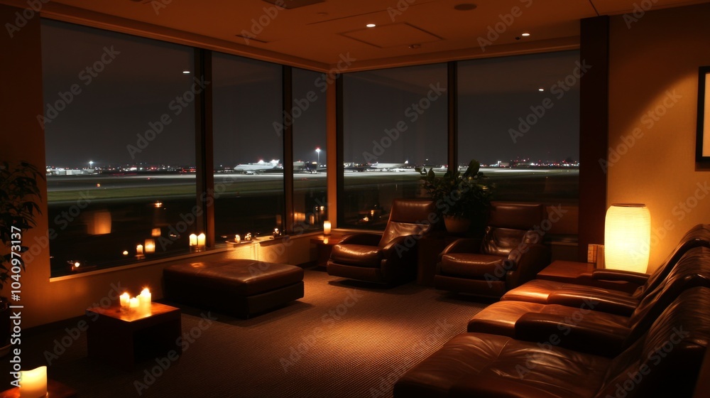 A Cozy Lounge with Leather Chairs, Candles, and a Nighttime View of an Airport Runway A Cozy Lounge with Leather Chairs, Candles, and a Nighttime View of an Airport Runway