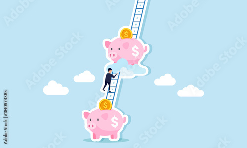 A businessman climbing a ladder connected to a piggy bank, illustration of step-by-step investing or applying a dollar cost averaging investment strategy