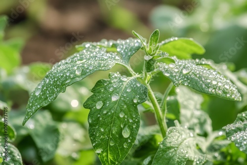 Close-up of a tomato plant with dew drops on its leaves.