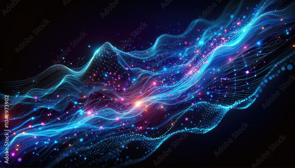 Fototapeta premium Hyper-Realistic Digital Data Stream Artwork: Futuristic Neon Design Featuring Dynamic Flowing Waves, Interconnected Lines, Glowing Nodes, and Motion Blur in a Dark, High-Tech Setting