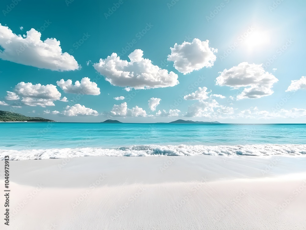 Vibrant Blue Sky with Puffy White Clouds Over Ocean Vibrant Blue Sky with Puffy White Clouds Over Ocean