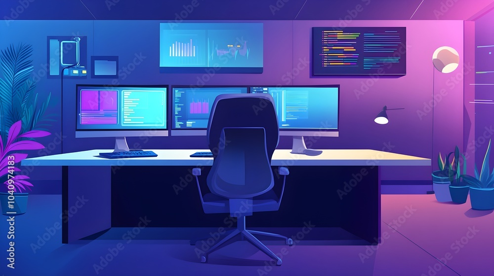 Fototapeta premium Modern Office Workspace with Multiple Monitors Desk and Chair