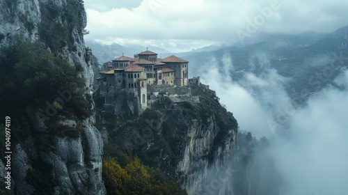 castle with mountain view on cloudy day