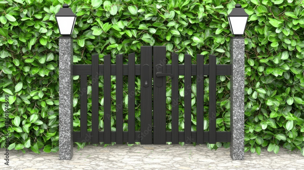 Naklejka premium Elegant Garden Gate Surrounded by Lush Greenery