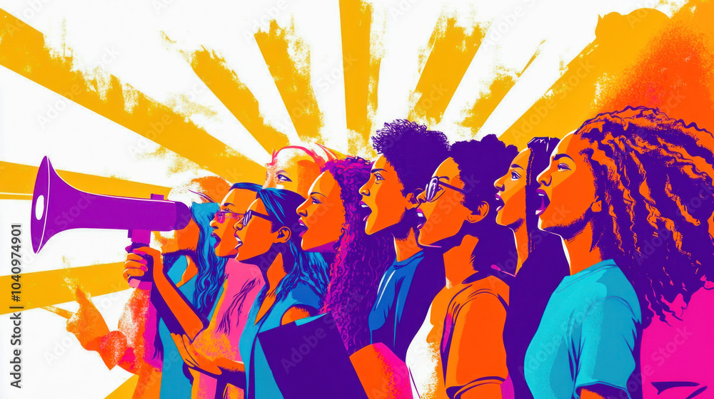 Diverse group of women protesting for equal rights and using megaphone Diverse group of women protesting for equal rights and using megaphone