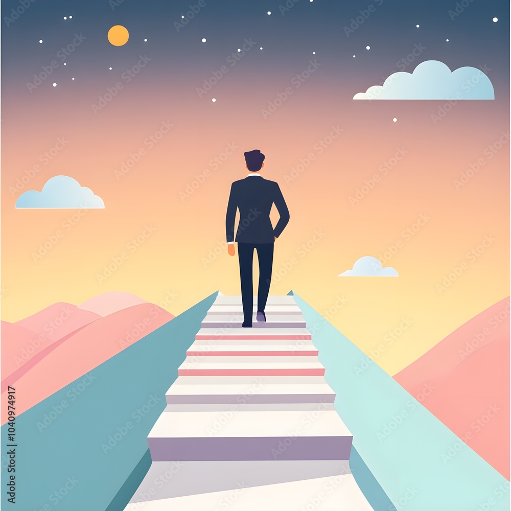 Businessman Walking Up Stairs Towards Sunset and Stars