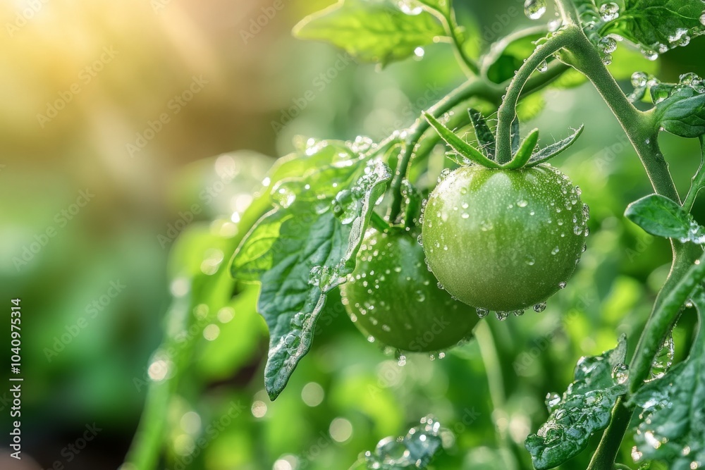 Fototapeta premium Close-up of two green tomatoes on a vine with water droplets, bathed in sunlight.