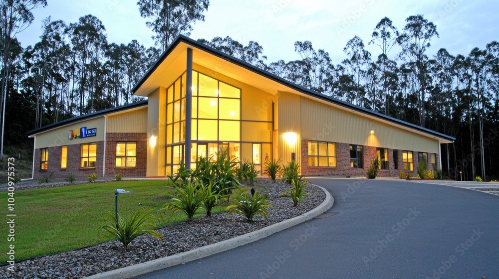 Modern Building Surrounded by Lush Greenery Modern Building Surrounded by Lush Greenery