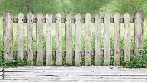 Weathered Wooden Fence with Green Background