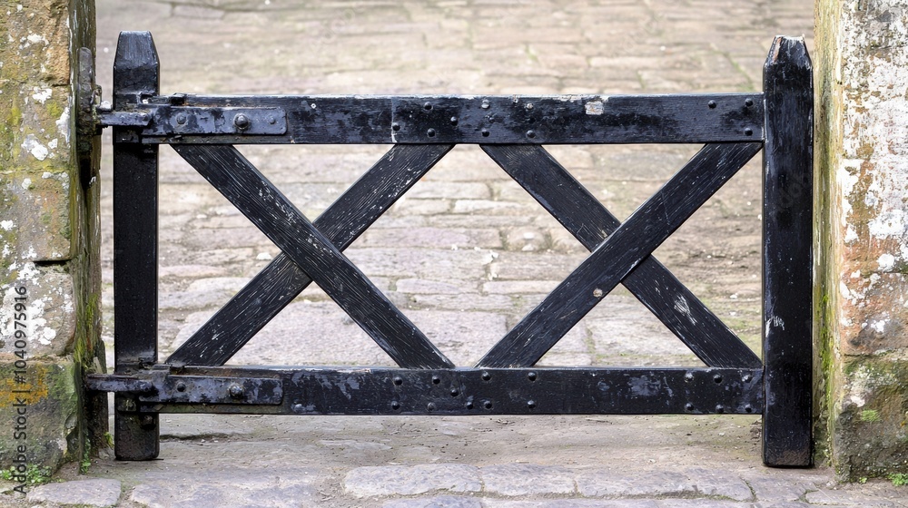 Black Wooden Gate with Cross Design in Stone Pathway Black Wooden Gate with Cross Design in Stone Pathway