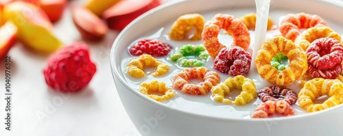 A vibrant bowl of colorful cereal with fresh milk and fruits, perfect for a delightful breakfast or snack.