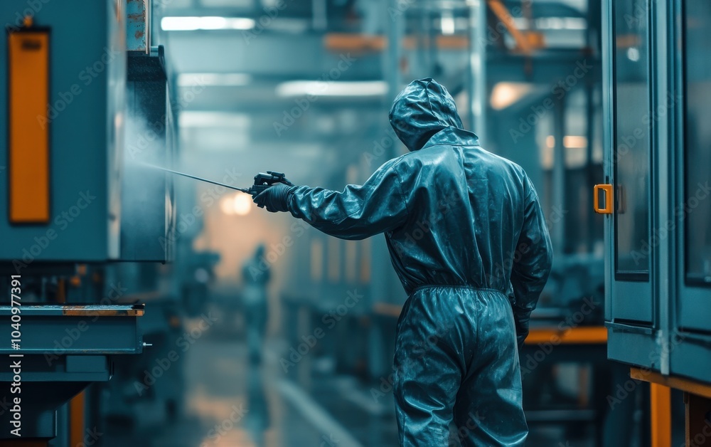 A focused image of the powder coating process in a factory, highlighting a worker in coveralls painting metal parts with a spray gun A focused image of the powder coating process in a factory, highlighting a worker in coveralls painting metal parts with a spray gun