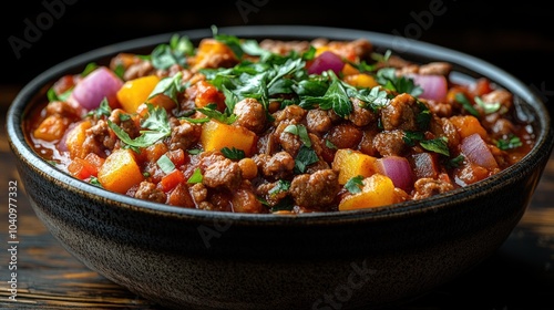 A hearty bowl of chili topped with fresh herbs and vegetables.