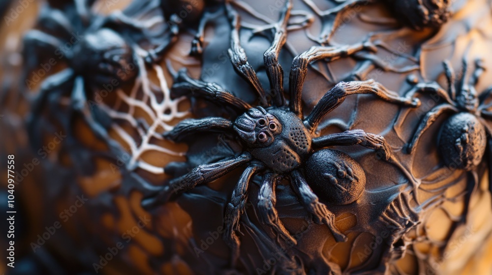 Close-up of a Halloween cake topped with realistic spider decorations and intricate web icing. Close-up of a Halloween cake topped with realistic spider decorations and intricate web icing.