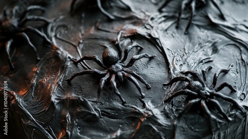 Close-up of a Halloween cake topped with realistic spider decorations and intricate web icing.