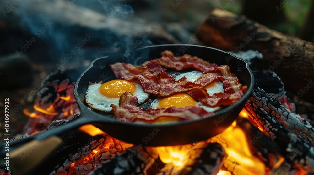 Close-up of bacon and eggs cooking in a cast iron pan over a campfire. Camping breakfast with a background of trees and morning light.