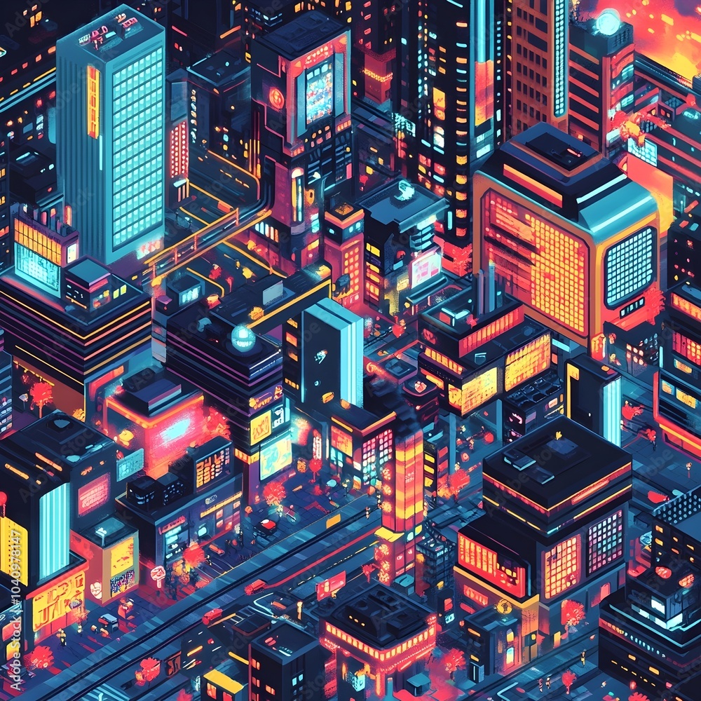 Vibrant Isometric of Futuristic Neon Lit Metropolis with Holographic Skyscrapers and Retro Arcade Cabinets Vibrant Isometric of Futuristic Neon Lit Metropolis with Holographic Skyscrapers and Retro Arcade Cabinets