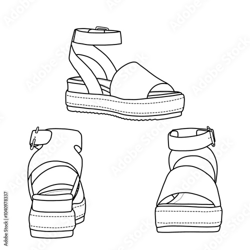 Women's ankle strap wedge with buckles studded wedge sandal line art. Technical sketch hand drawing outline vector doodle illustration, isolated on a white background