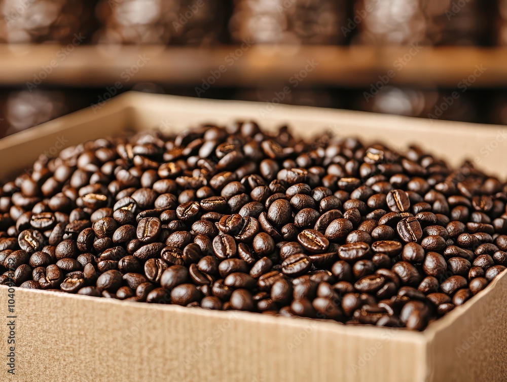 Fototapeta premium Freshly roasted coffee beans in a box, ready for brewing and enjoying rich flavors.