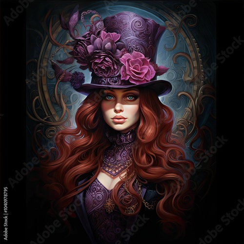 A woman with red hair and a floral hat.