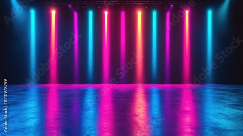 Wallpaper Mural Colorful stage with neon lighting and a glossy floor, perfect for performances or events. Bright backdrop with a blend of hues and a focus on dynamic color schemes. Torontodigital.ca