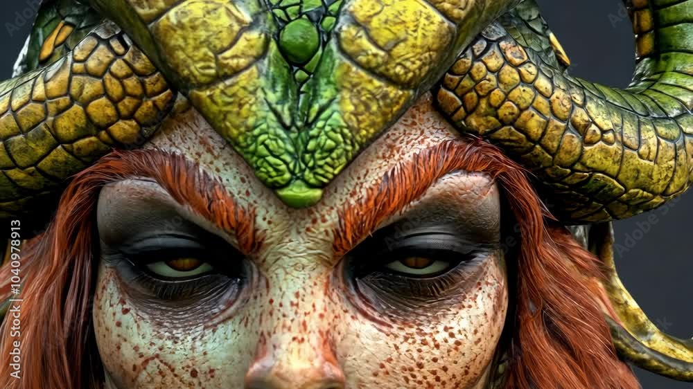 A close-up of a woman with a snake-like headdress, her eyes closed in contemplation A close-up of a woman with a snake-like headdress, her eyes closed in contemplation