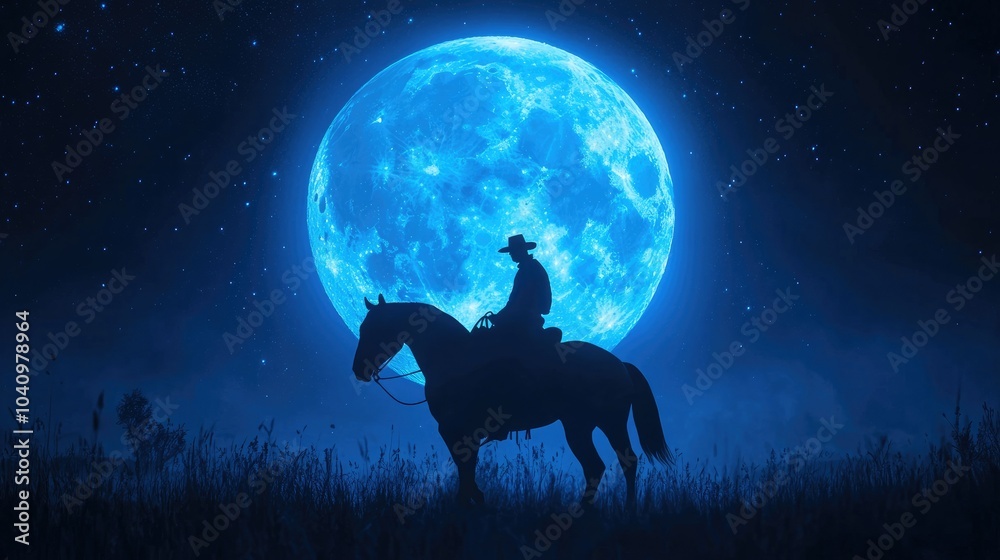 Cowboy riding his horse, outlined against a large blue full moon, creating a mysterious nighttime setting. Cowboy riding his horse, outlined against a large blue full moon, creating a mysterious nighttime setting.