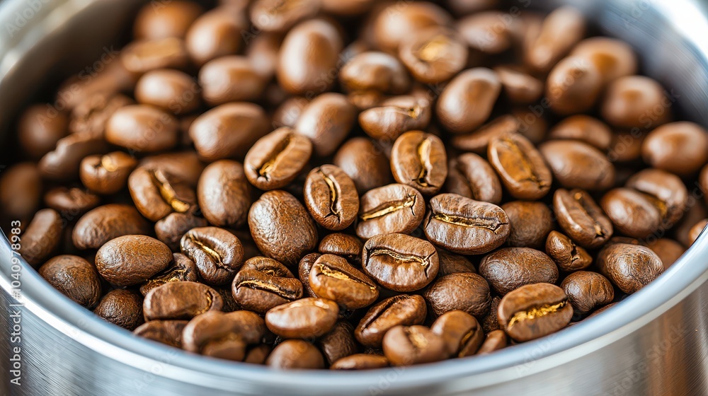 Fototapeta premium Freshly roasted coffee beans in a metallic container, showcasing rich brown color and glossy texture.