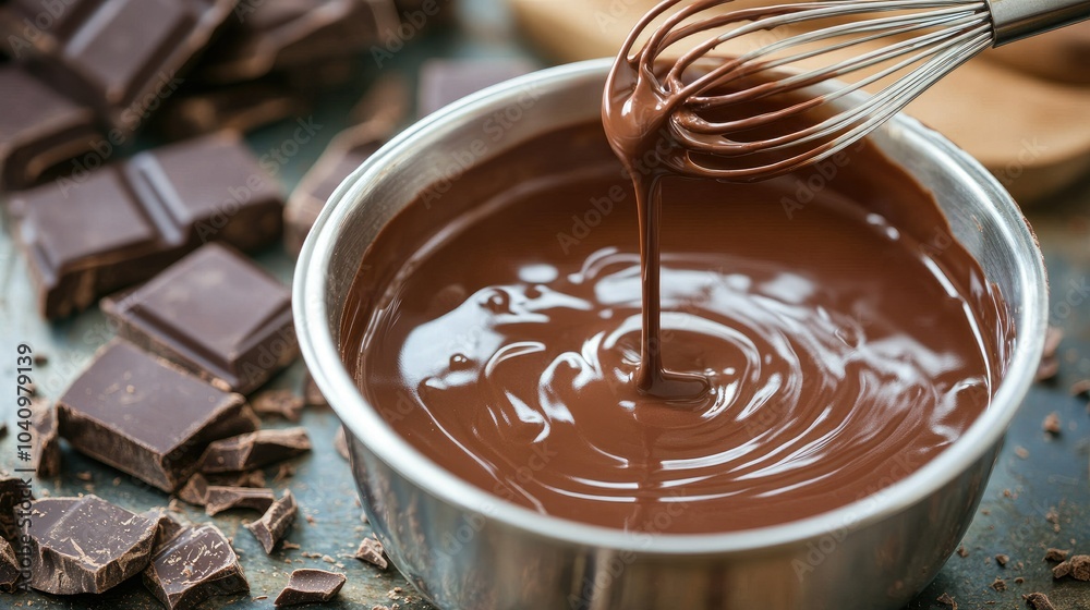 Creamy hot chocolate dripping off a whisk into a silver bowl, with scattered chocolate pieces in the background. Rich, decadent feel.