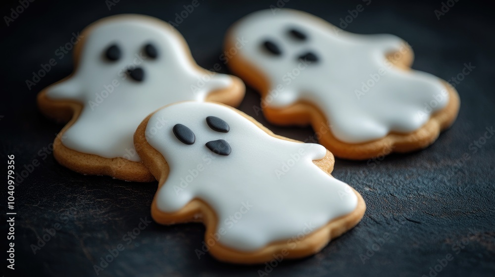 Cute ghost-shaped cookies decorated with white icing, placed on a dark background, perfect for Halloween. Cute ghost-shaped cookies decorated with white icing, placed on a dark background, perfect for Halloween.