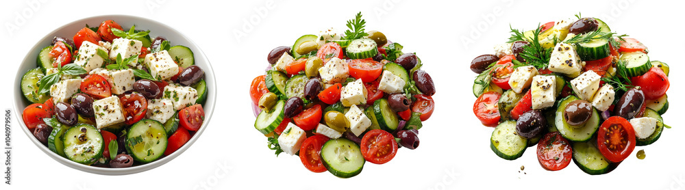 Realistic Greek salad with cucumbers and feta cheese isolated on transparent PNG perfect for healthy meal illustrations or salad designs.