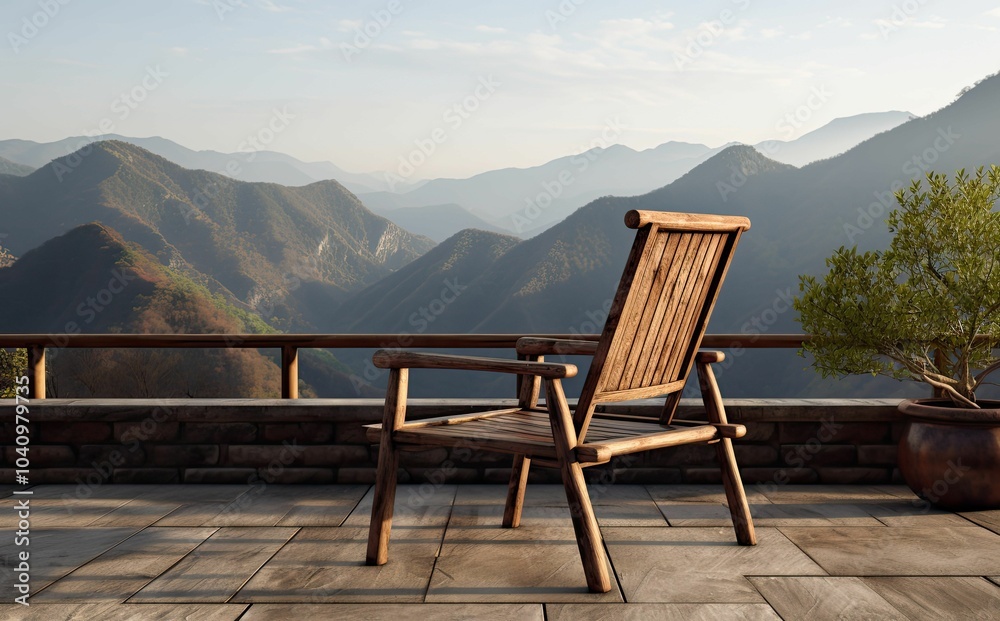 Wooden chair on patio with mountain view. Wooden chair on patio with mountain view.