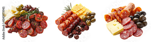 Realistic charcuterie board with cured meats and cheese isolated on transparent PNG perfect for food illustrations or appetizer designs.