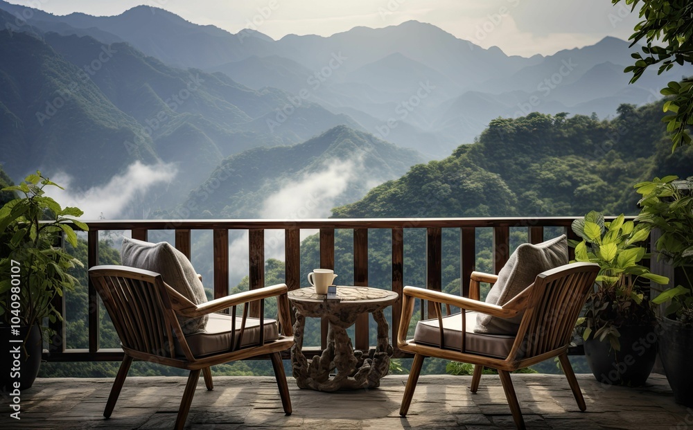 Mountain view balcony with two chairs and a table.