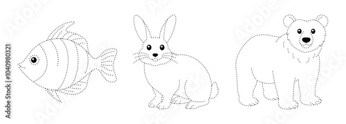 Animal Tracing Line for Worksheet, Fish, Rabbit and Bear Tracing Line