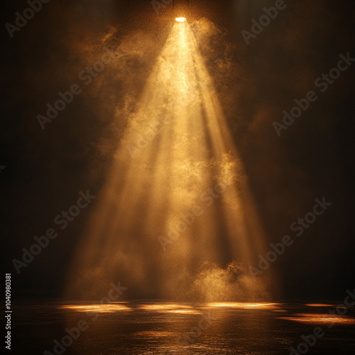 A golden spotlight illuminates dark stage, casting soft beams through mist, creating dramatic and captivating atmosphere