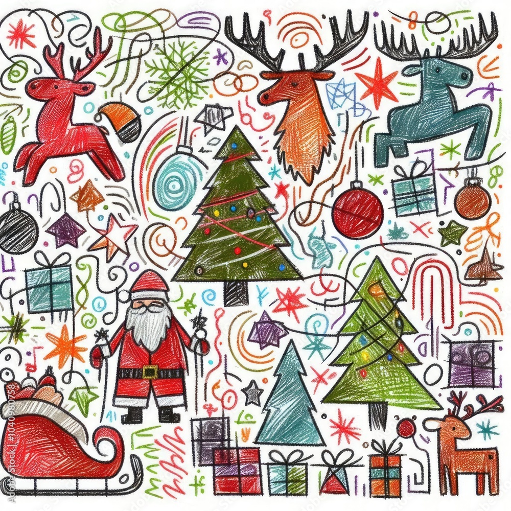 Festive Christmas Doodle with Santa, Reindeer and Holiday Decorations with Generative AI. Festive Christmas Doodle with Santa, Reindeer and Holiday Decorations with Generative AI.
