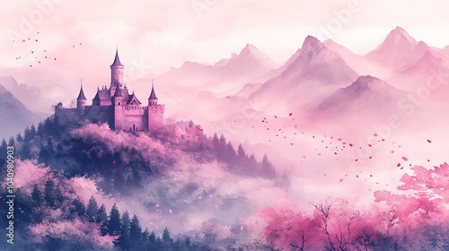 Pink castle nestled in hills, petals drifting in breeze, Magical landscape, Watercolor, Soft colors, Whimsical fairytale scene