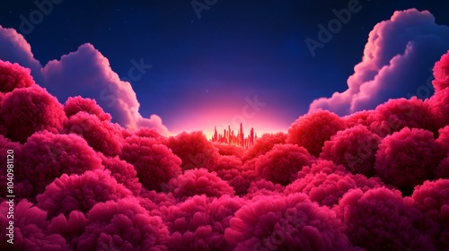 Dreamlike pink castle on clouds, sky blooming with radiant flowers, Fantasy, Retro-futurism, Neon accents, Digital art, Sci-fi vibes photo