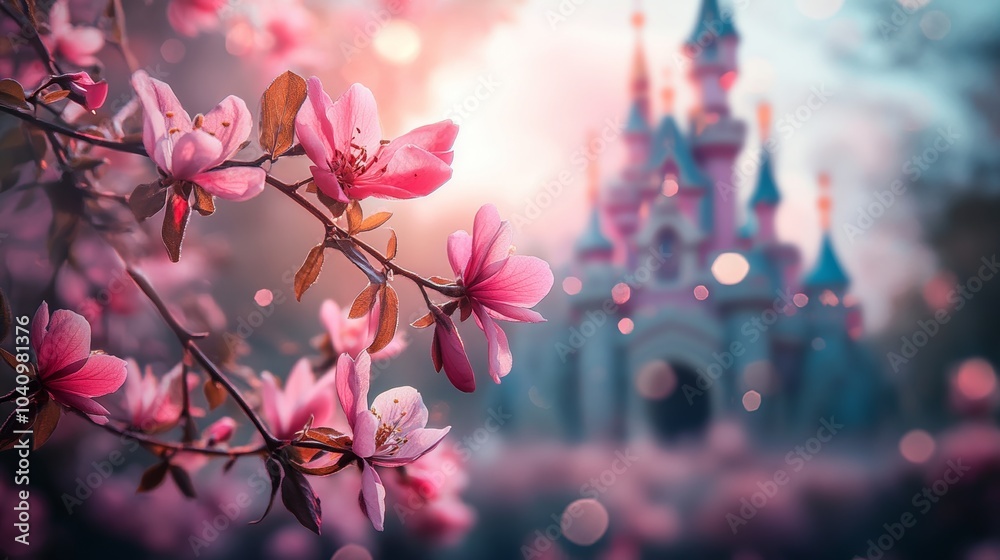 Flower in bloom with a delicate pink castle far behind, blending nature and fairytales, Whimsical, Neon lighting, Vivid pink and blue contrast Flower in bloom with a delicate pink castle far behind, blending nature and fairytales, Whimsical, Neon lighting, Vivid pink and blue contrast