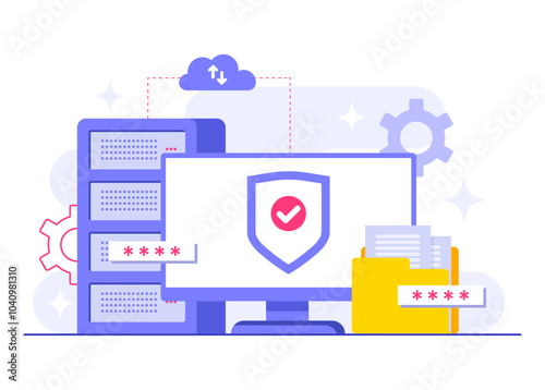 Database protection, Cyber security, Data Center, File management, cloud storage, Privacy data protection flat illustration for landing page, mobile app, poster, flyer, web banner, infographic