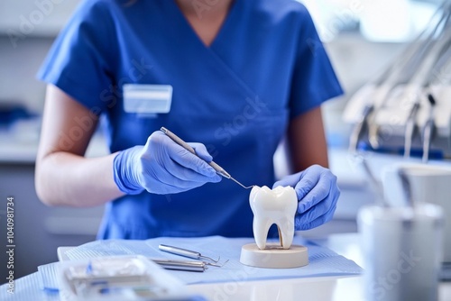 A dentist in blue scrubs demonstrates proper dental hygiene using a model tooth and dental tools. photo