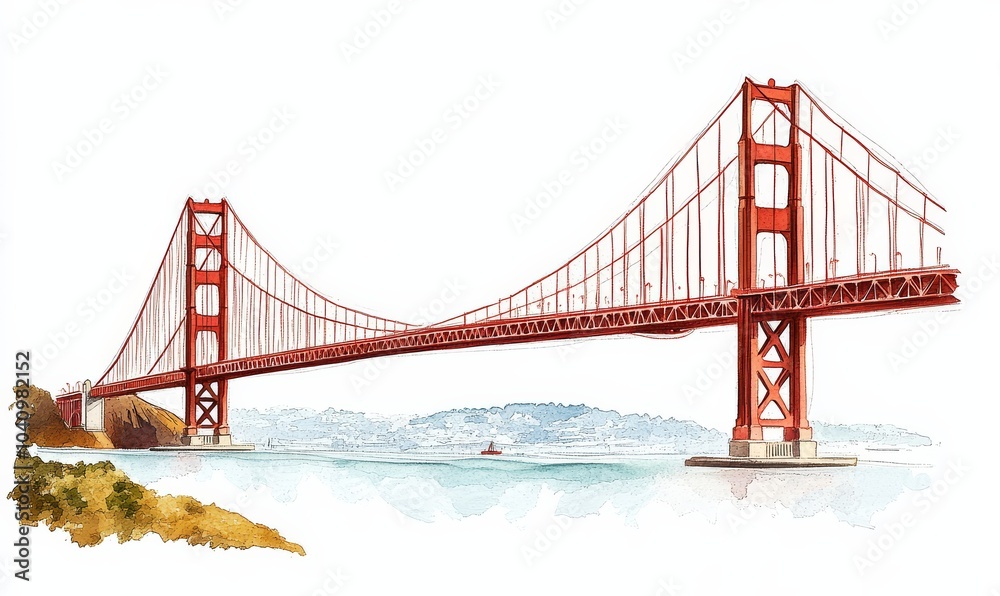 Obraz premium PNG format watercolor art depicting the Golden Gate Bridge and its architectural significance in San Francisco.