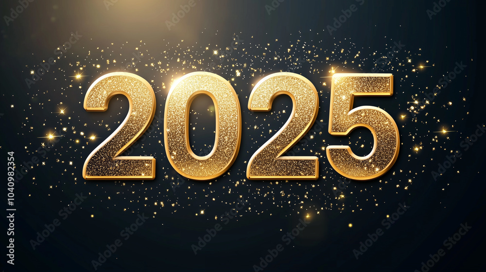 Elegant 3D Gold 2025 on Black Glittery Background for New Year Design