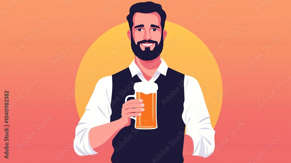 A smiling man holding a beer glass against a vibrant sunset background, showcasing a cheerful atmosphere. A smiling man holding a beer glass against a vibrant sunset background, showcasing a cheerful atmosphere.