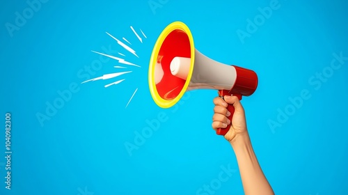 Handholding a megaphone on a blue background, symbolizing communication and announcements. photo