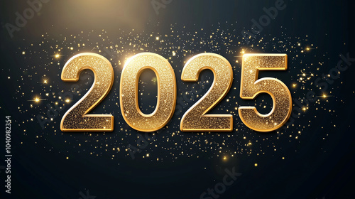 Elegant 3D Gold 2025 on Black Glittery Background for New Year Design