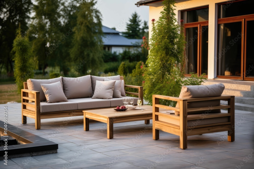 Wooden patio furniture on a stone patio. Wooden patio furniture on a stone patio.