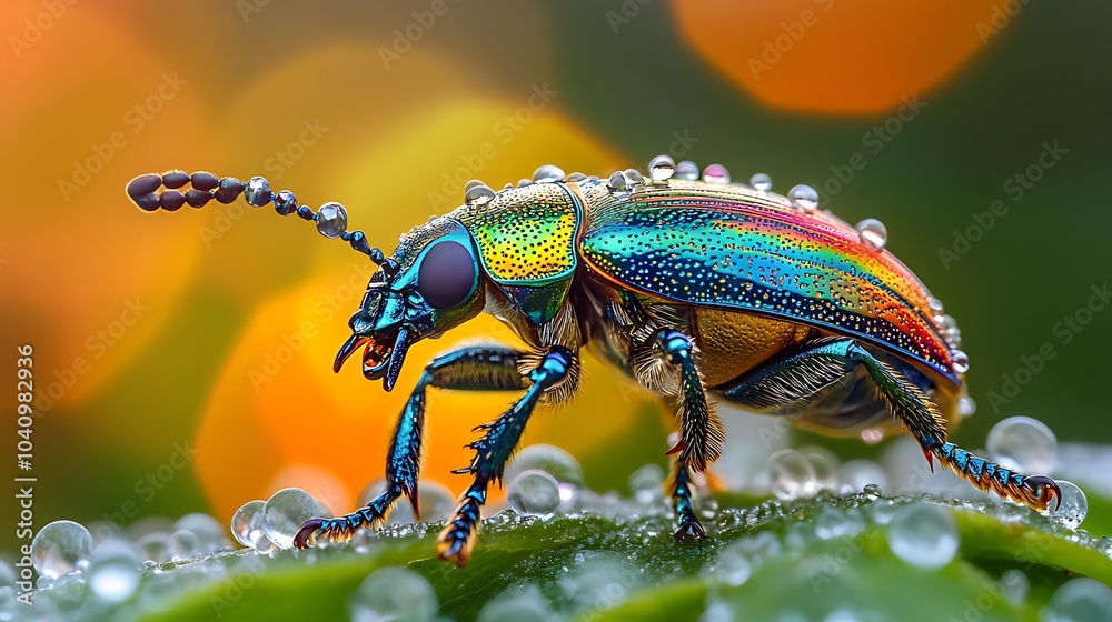 A close-up of a vibrant, iridescent beetle with water droplets on its body and on a leaf.