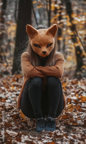 A teenager girl in a ginger fur cat or fox mask is squatting outdoors against the backdrop of an autumn forest, park. Quadrobics subculture photo
